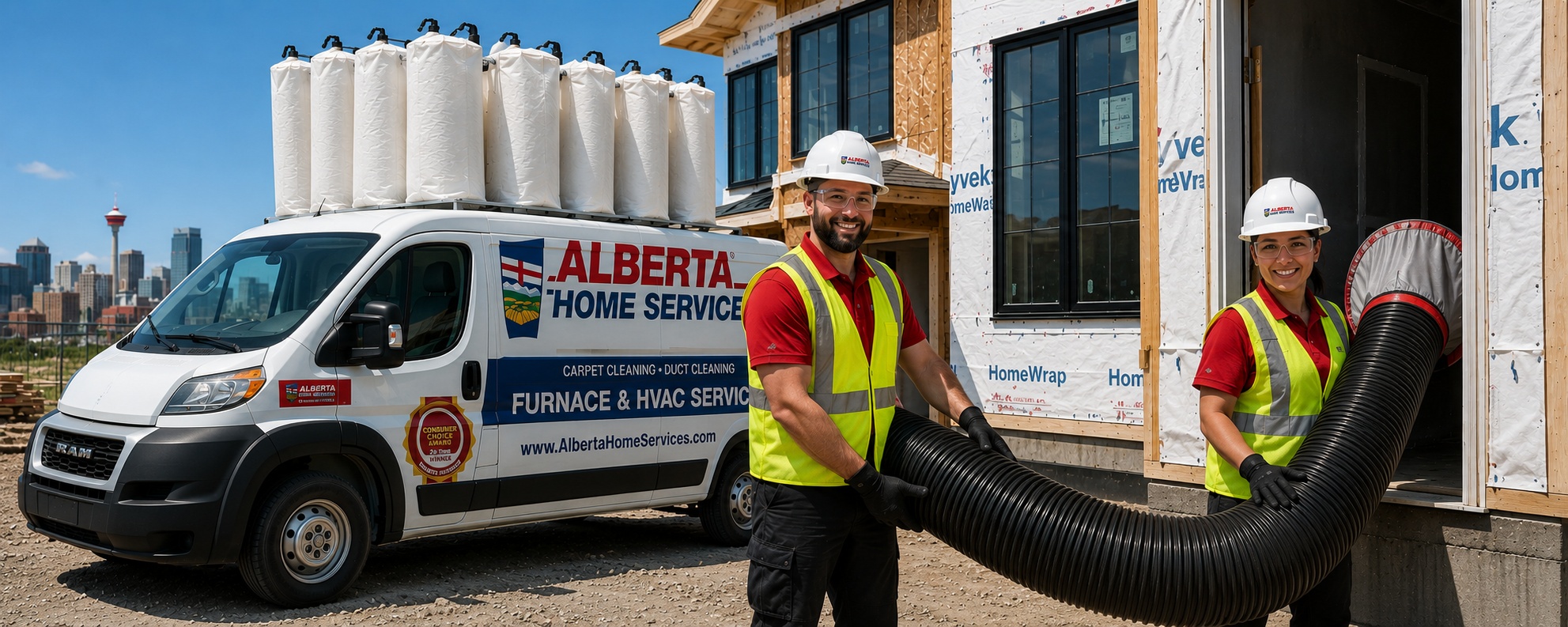 Alberta Home Services commercial team with van and duct cleaning equipment in Calgary