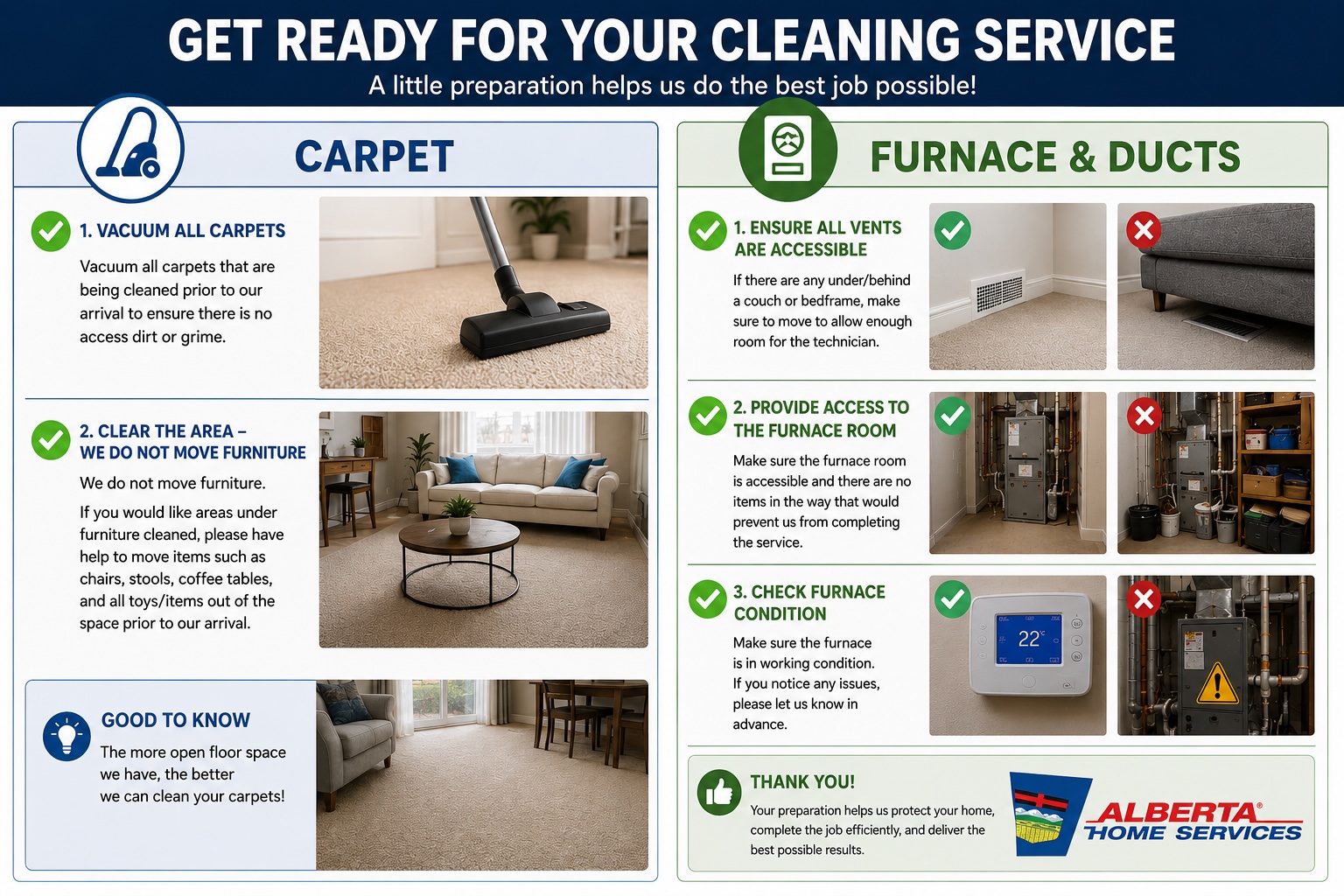 Get Ready for Your Cleaning Service — Carpet and Furnace & Duct Preparation Checklist by Alberta Home Services